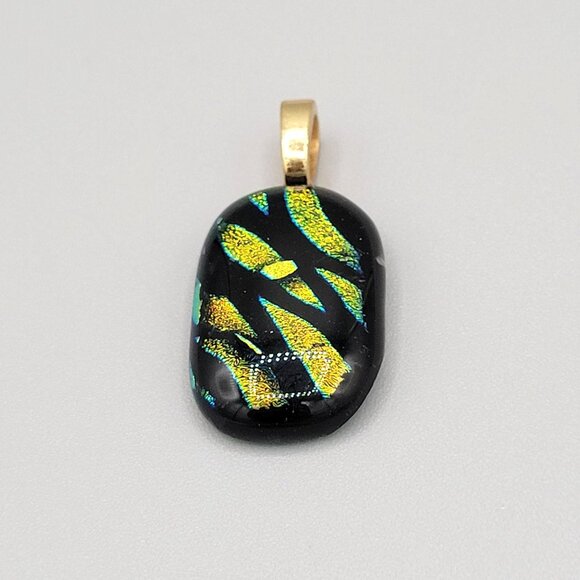 Dichroic Glass Pendant With Gold Tone Bail Shiny Glittery Green Black - Picture 1 of 7